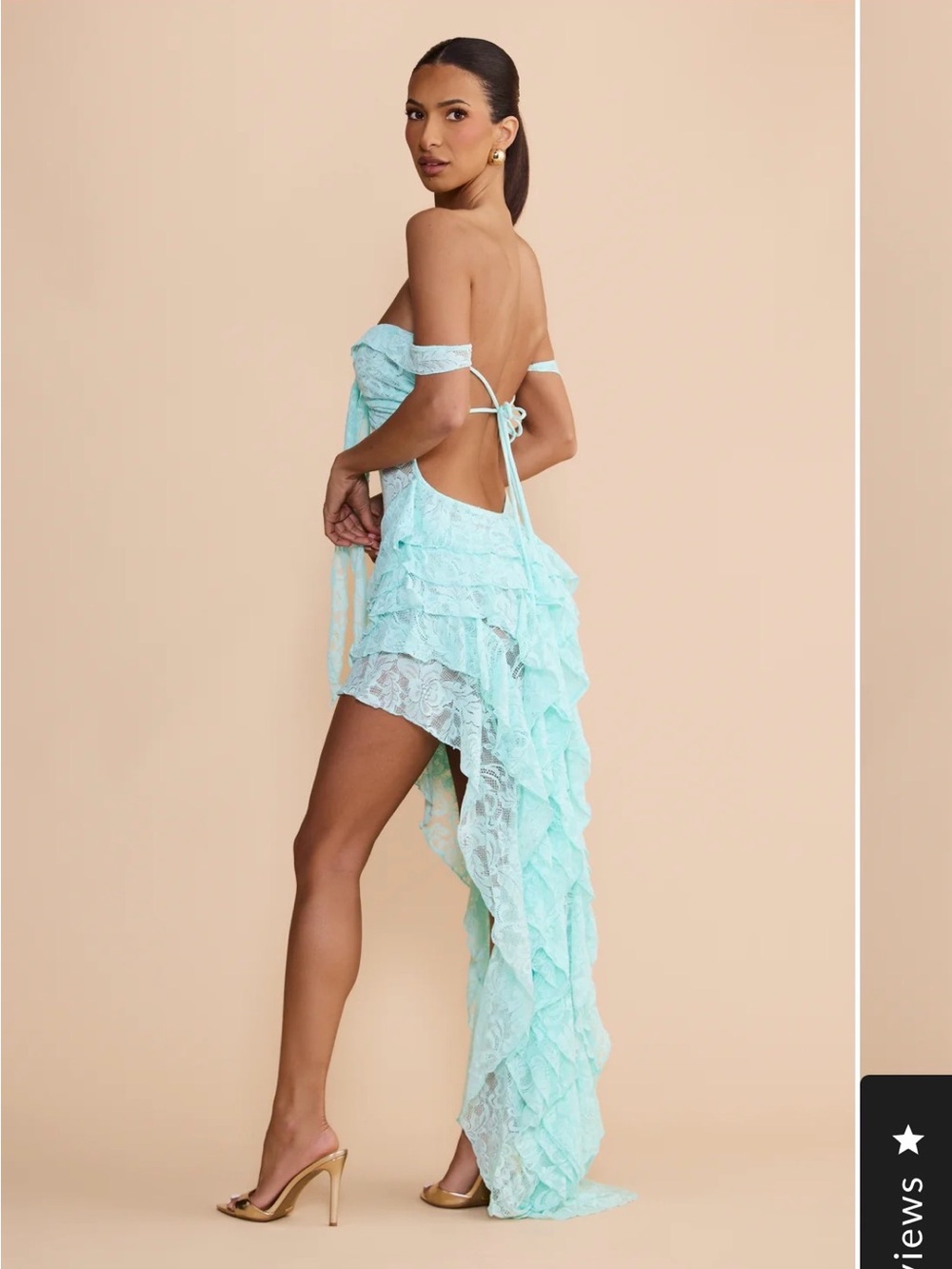 MELANI THE LABEL - MIAH Aqua Off-Shoulder Lace High-Low Ruffle Dress